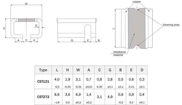 CST smd power shunt resistor dimensions